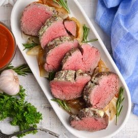 overhead shot of sliced roast beef tenderloin