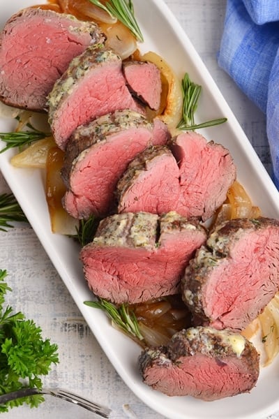 overhead shot of sliced roast beef tenderloin