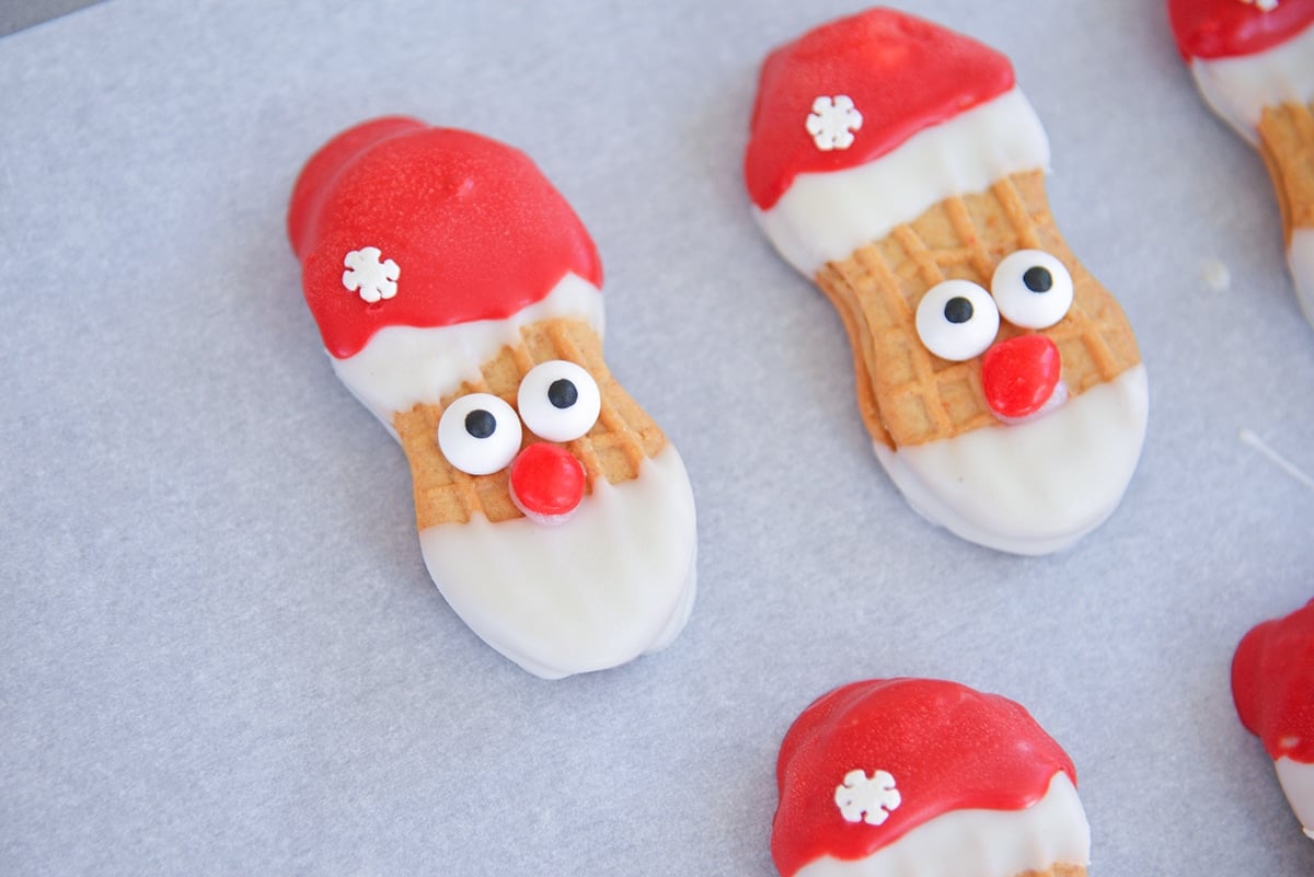 close up of no bake santa cookies