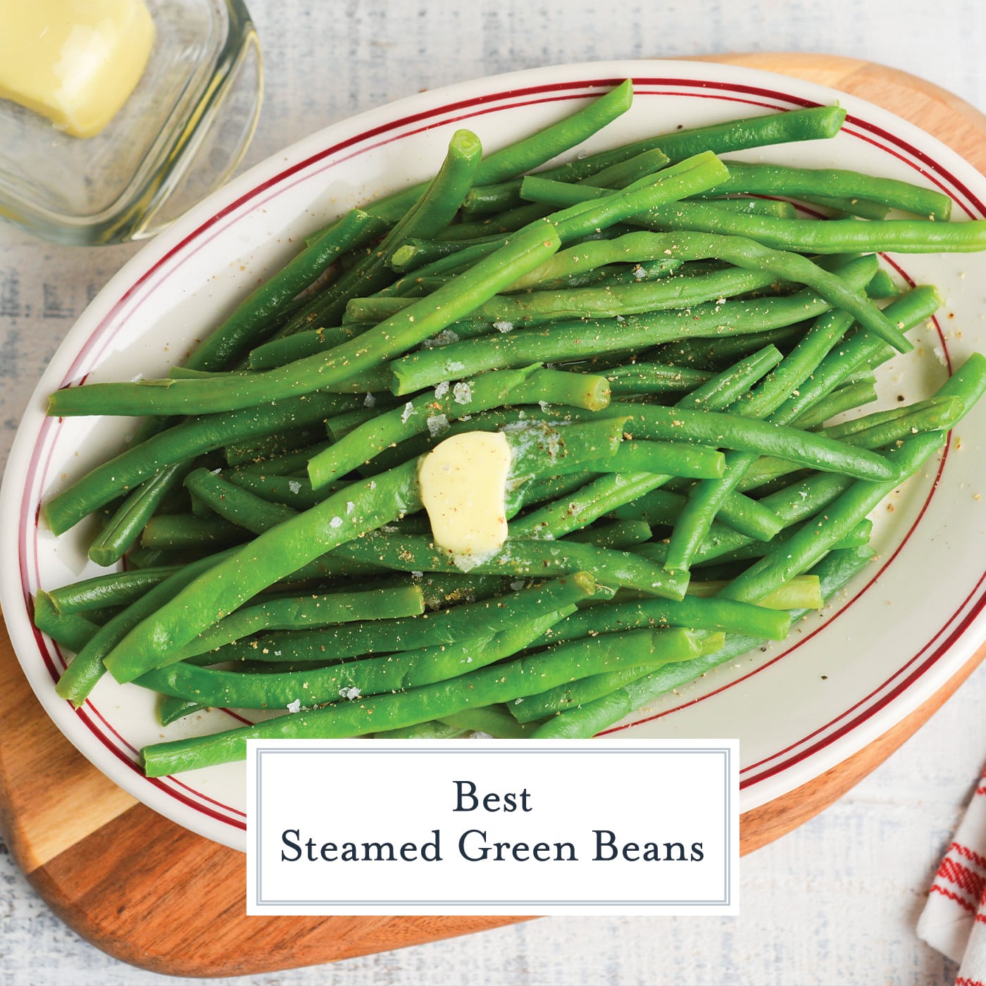 steamed green bean recipe with text overlay