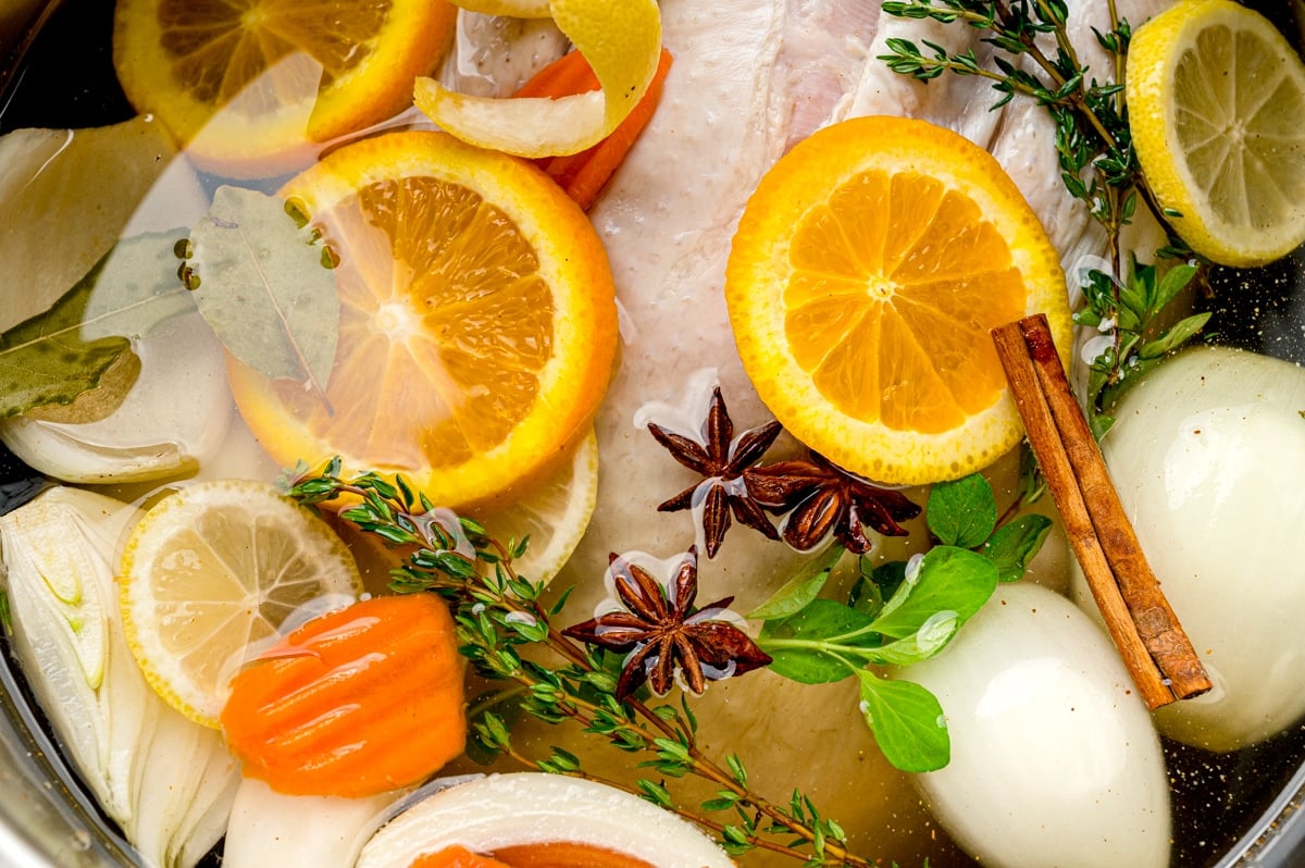 close up of herbs in a turkey brine