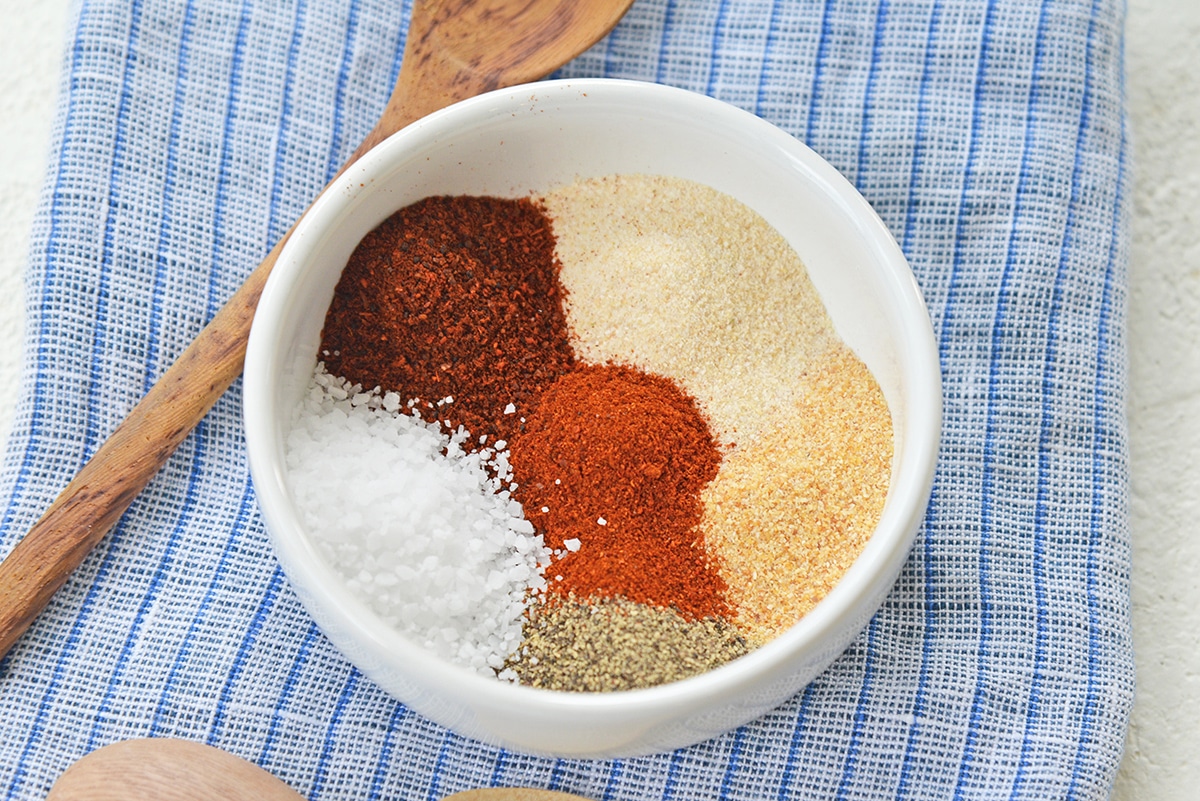 angle view of white bowl of spices