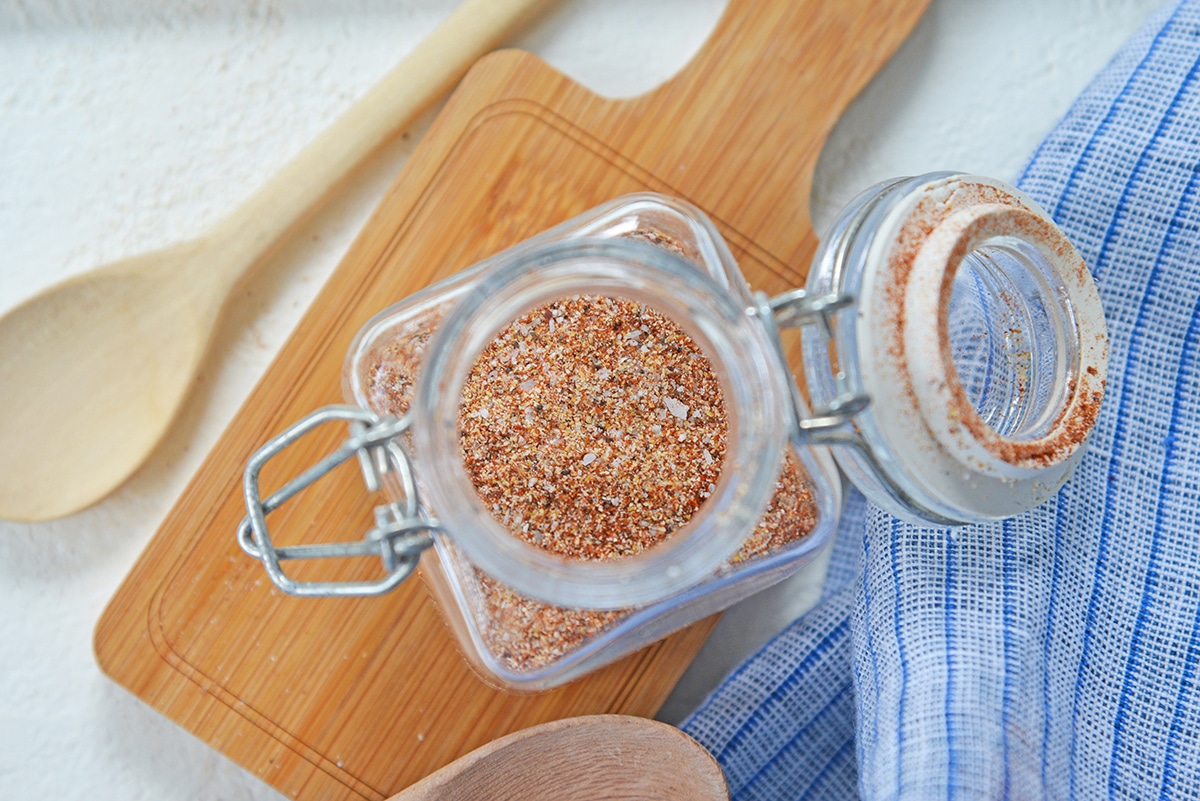 looking into a glass jar of homemade turkey seasoning