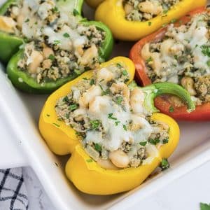 close up of a yellow bell pepper with ground turkey stuffing