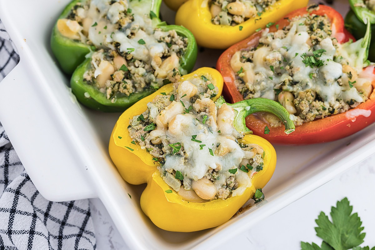 close up of a yellow bell pepper with ground turkey stuffing