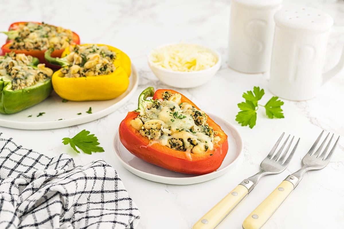 single red bell pepper stuffed with ground turkey, beans and spinach