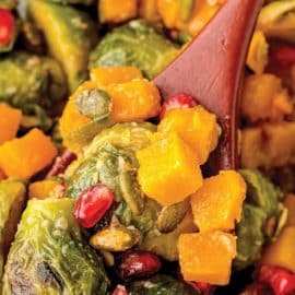 spoonful of brussels sprout salad with text overlay for pinterest