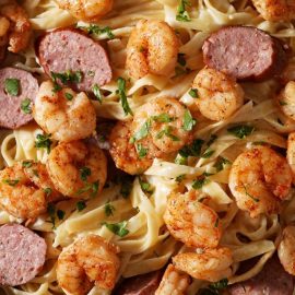 overhead shot of cajun shrimp alfredo in a pan