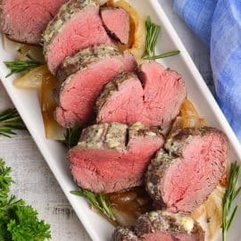 overhead shot of sliced roast beef tenderloin