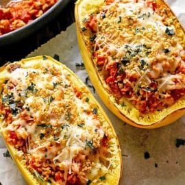 two halves of spaghetti squash lasagna