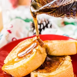 syrup poured onto eggnog french toast