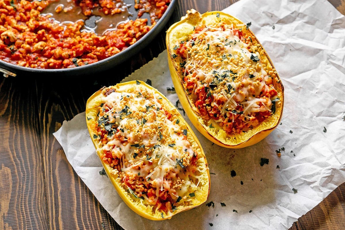 two halves of spaghetti squash lasagna