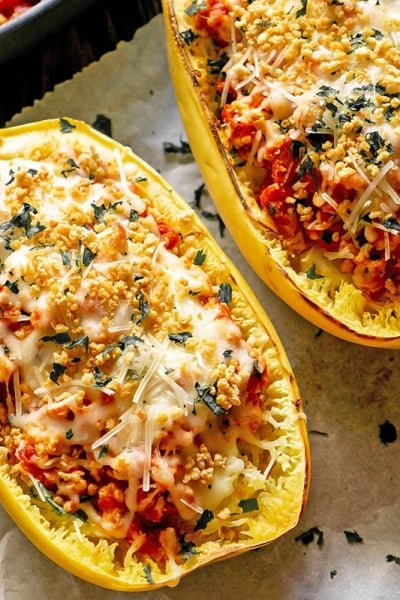 close up of cheesy spaghetti squash lasagna