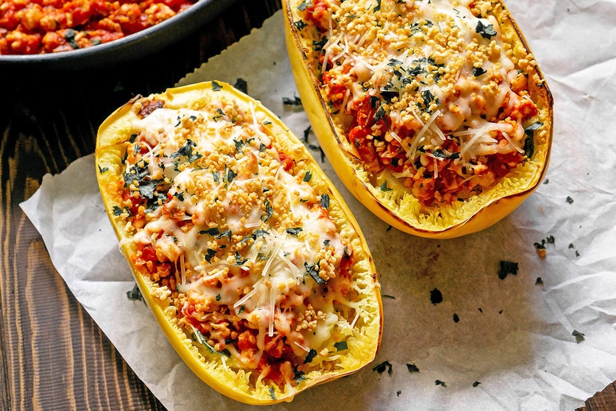 close up of cheesy spaghetti squash lasagna