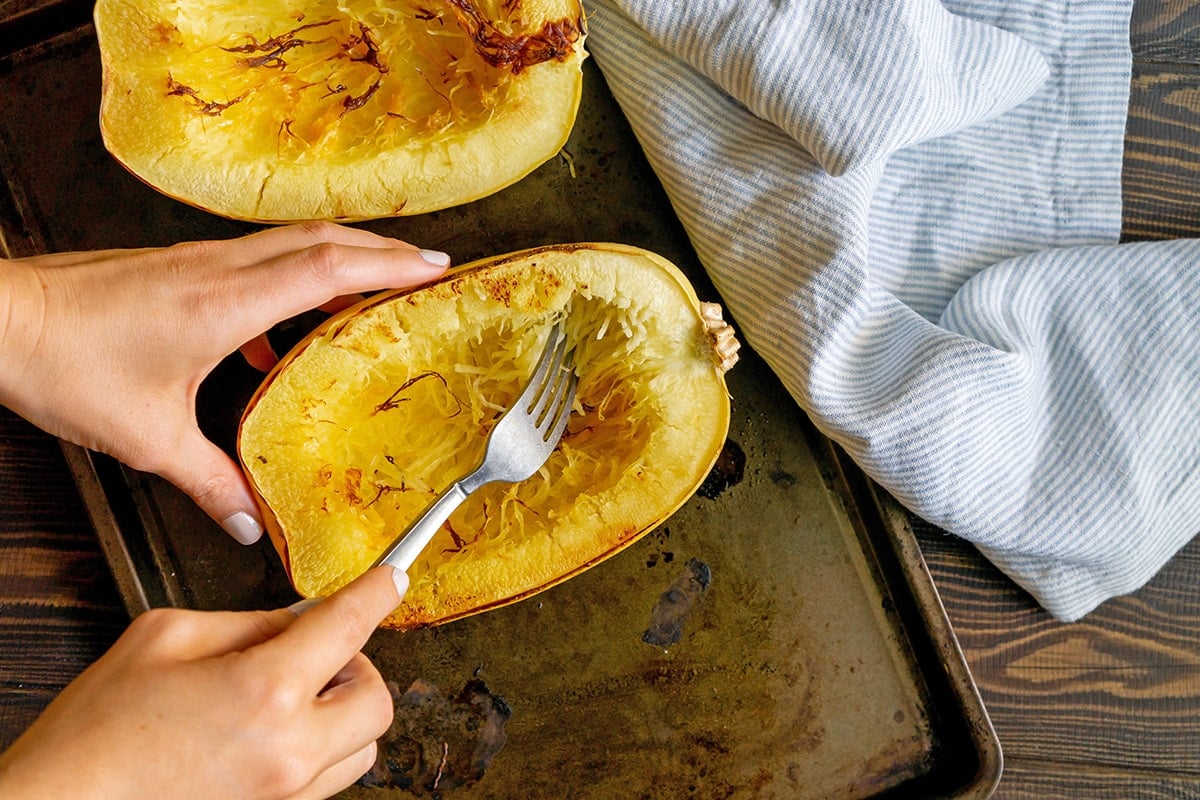 pulling strands of spaghetti squash