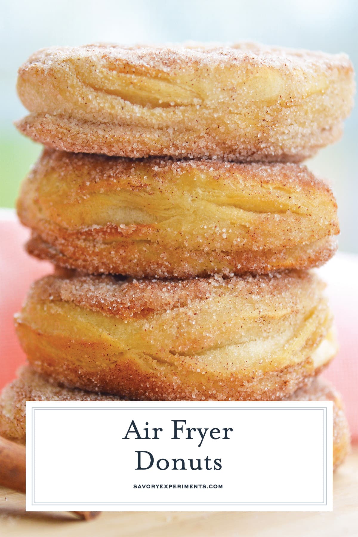 stack of cinnamon sugar donuts with text overlays