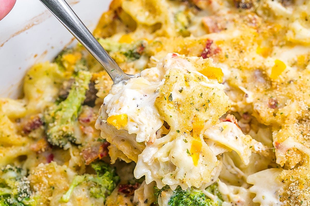 cheesy spoon full of pasta in casserole