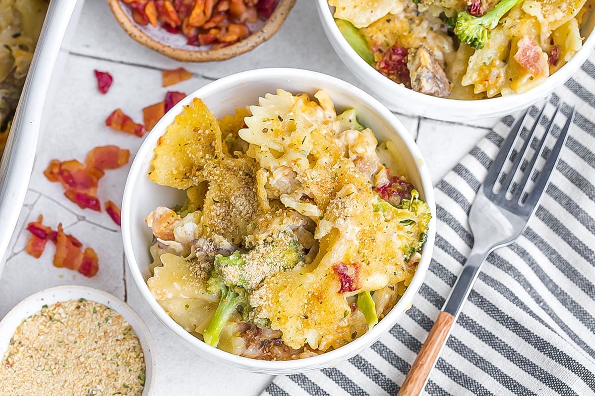 overhead of pasta in a small bowl