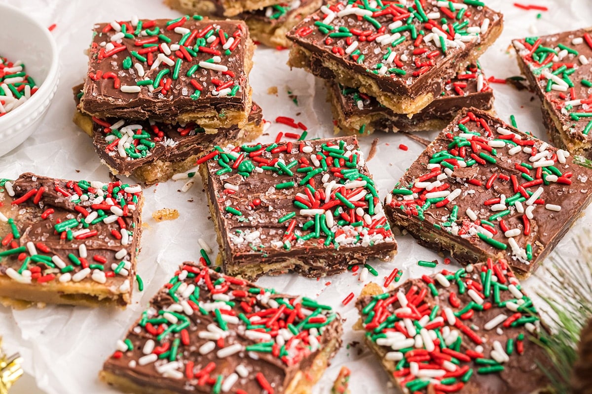 pieces of christmas crack on parchment paper