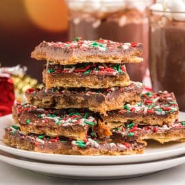 straight on shot of plate of saltine toffee