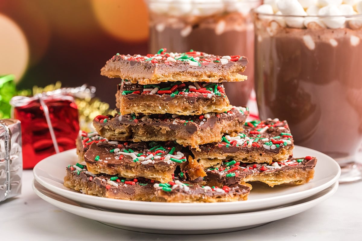 straight on shot of plate of saltine toffee