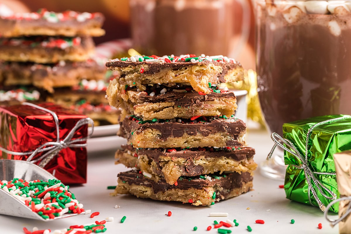 straight on shot of stack of saltine toffee