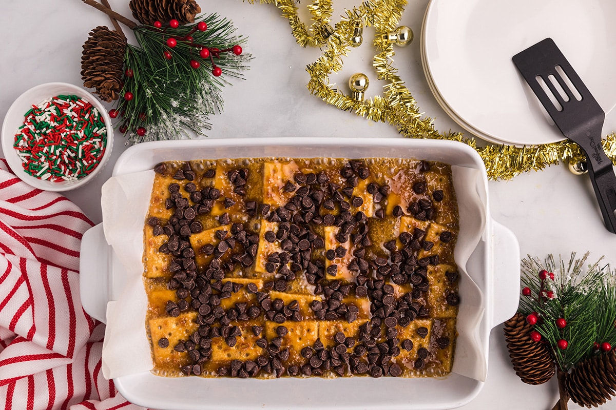 chocolate chips added to toffee layer