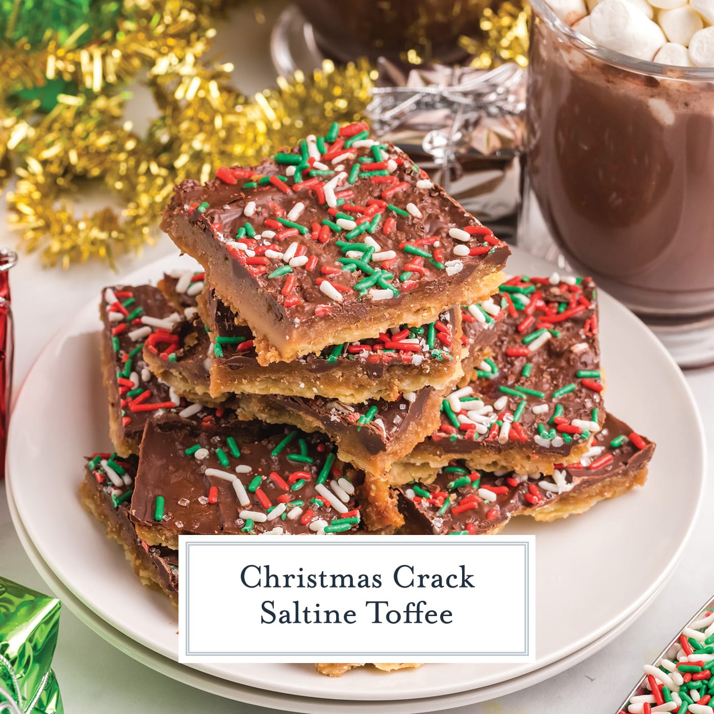 plate of christmas crack with text overlay for facebook