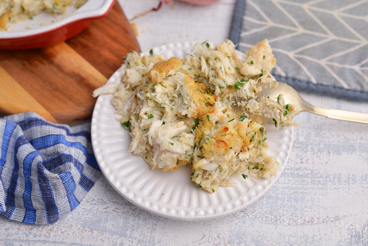 crab imperial on a white serving plate