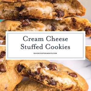 collage of chocolate chip cookies stuffed with cream cheese