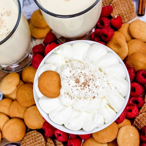 close up of eggnog dip dusted with cinnamon and nutmeg