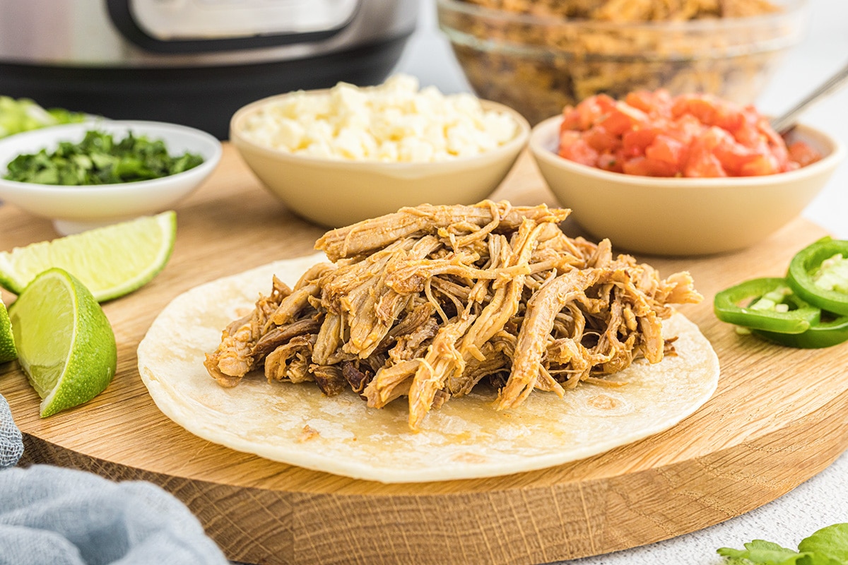 straight on shot of carnitas on tortilla