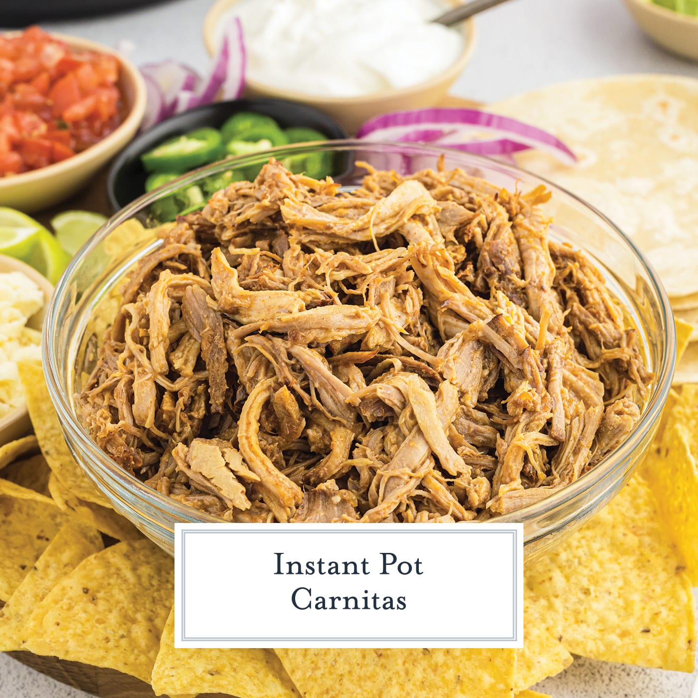 bowl of carnitas with text overlay for facebook