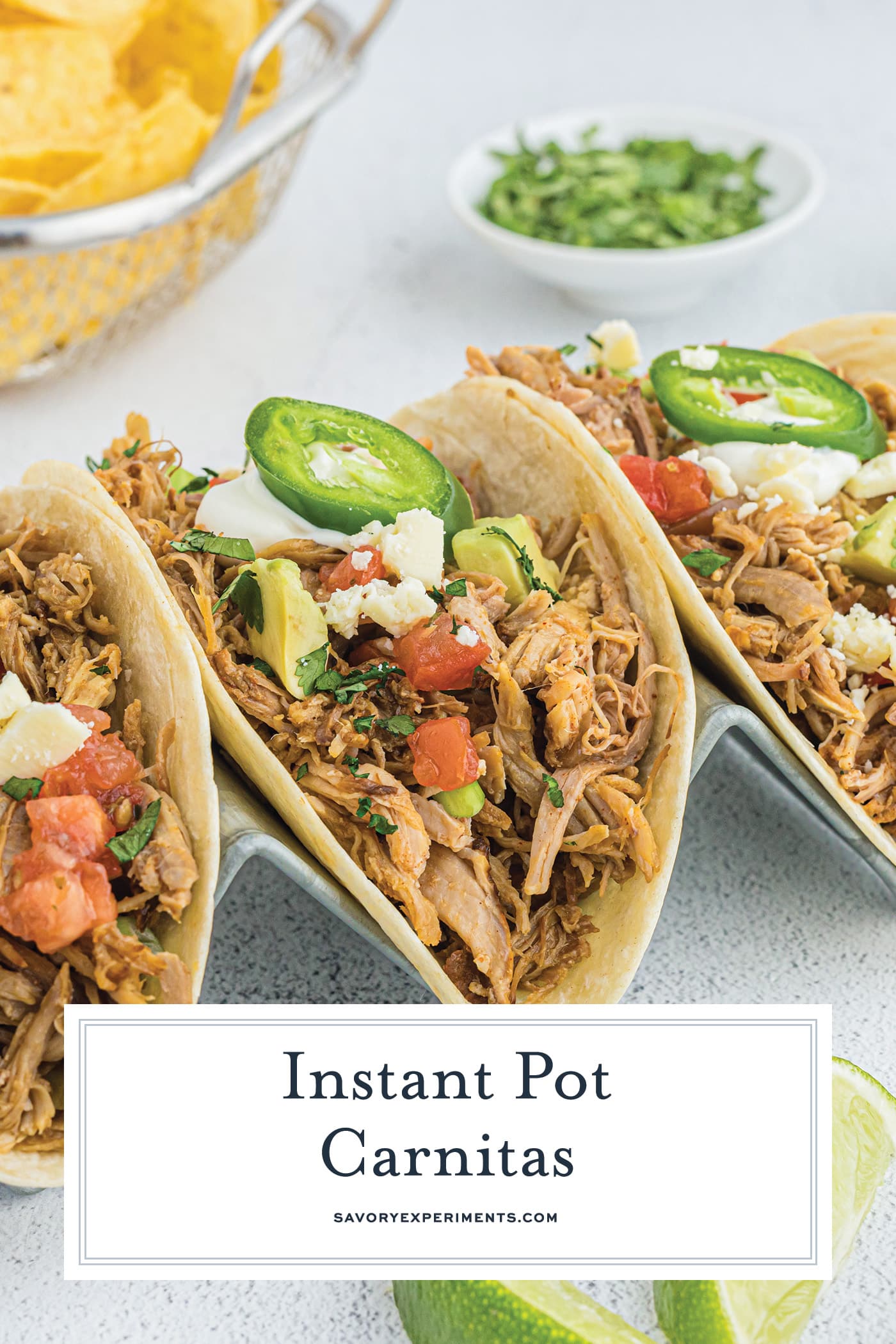 three tacos in a stand with text overlay for pinterest