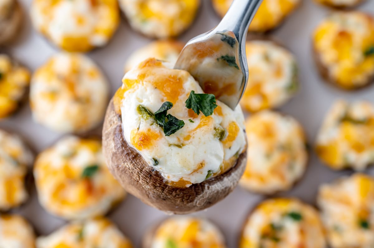 jalapeno stuffed mushroom on a fork