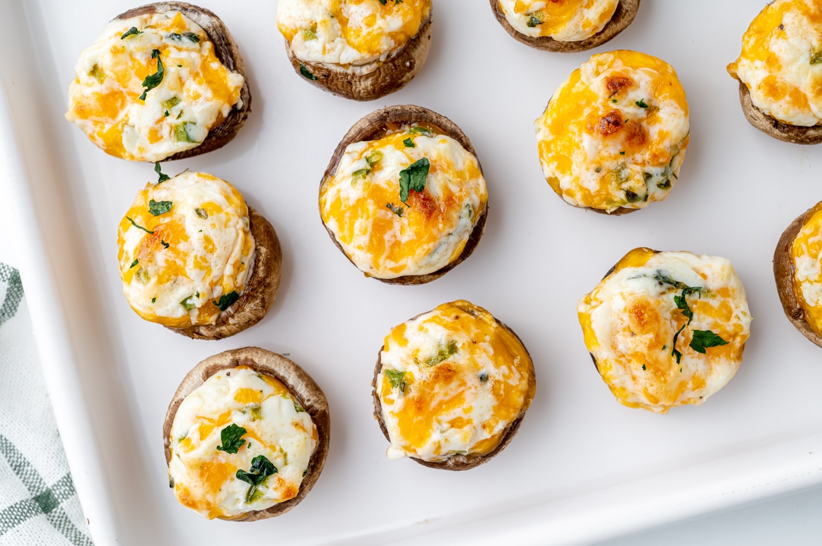 overhead shot of stuffed mushrooms on a tray