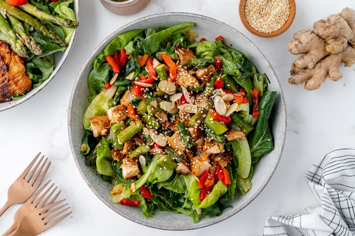 overhead shot of salad in a bowl