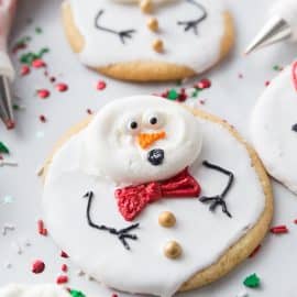 close up of melted snowman cookies