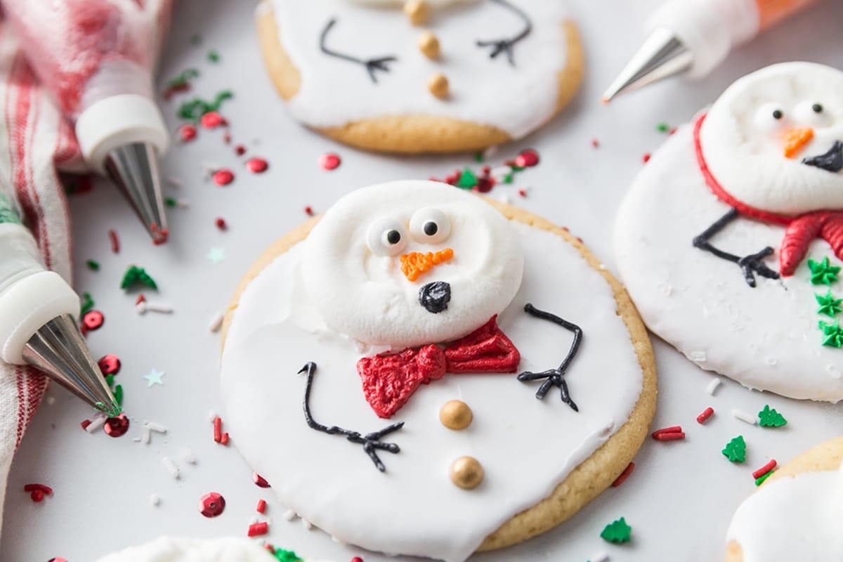 close up of melted snowman cookies