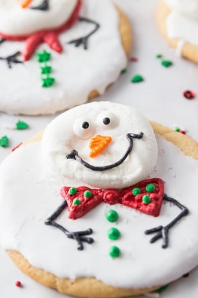 straight on shot of melted snowman cookie