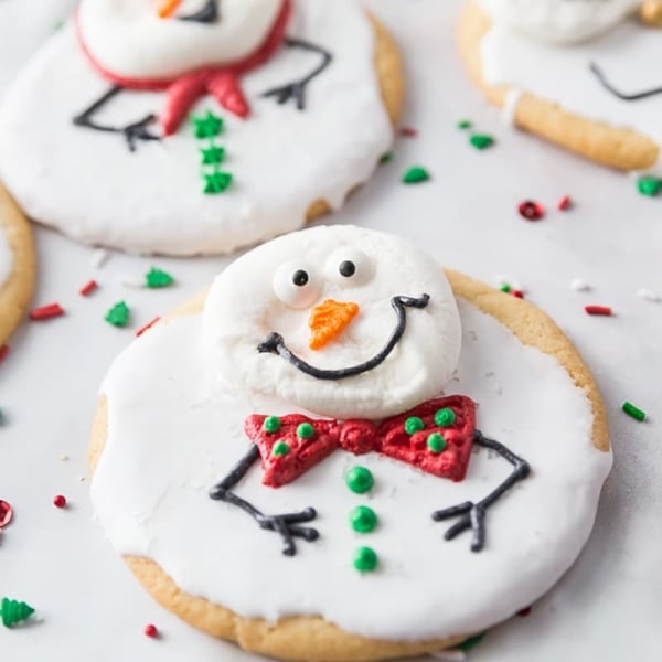 straight on shot of melted snowman cookie