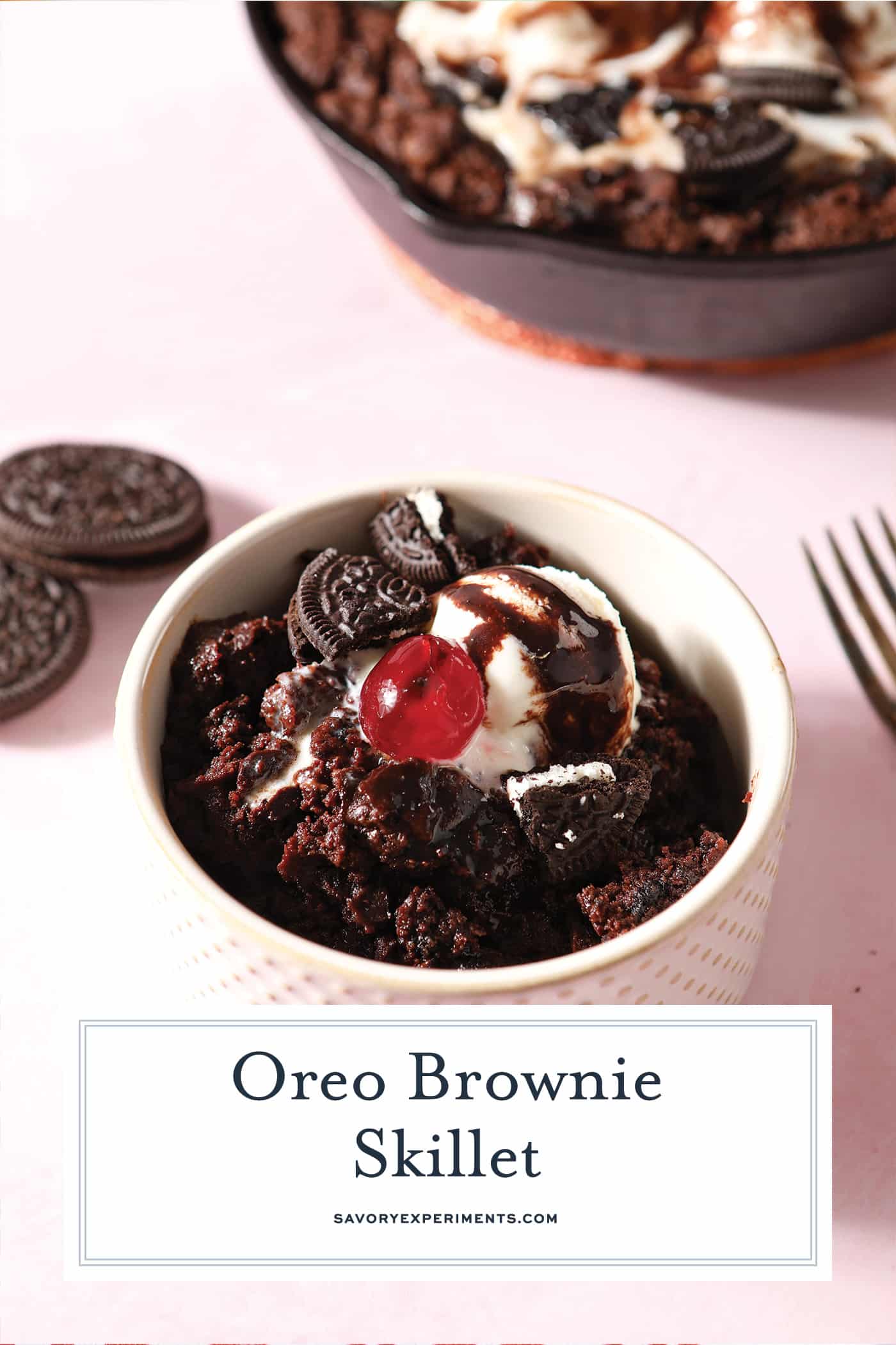 oreo brownie skillet in a ramekin with text overlay for pinterest