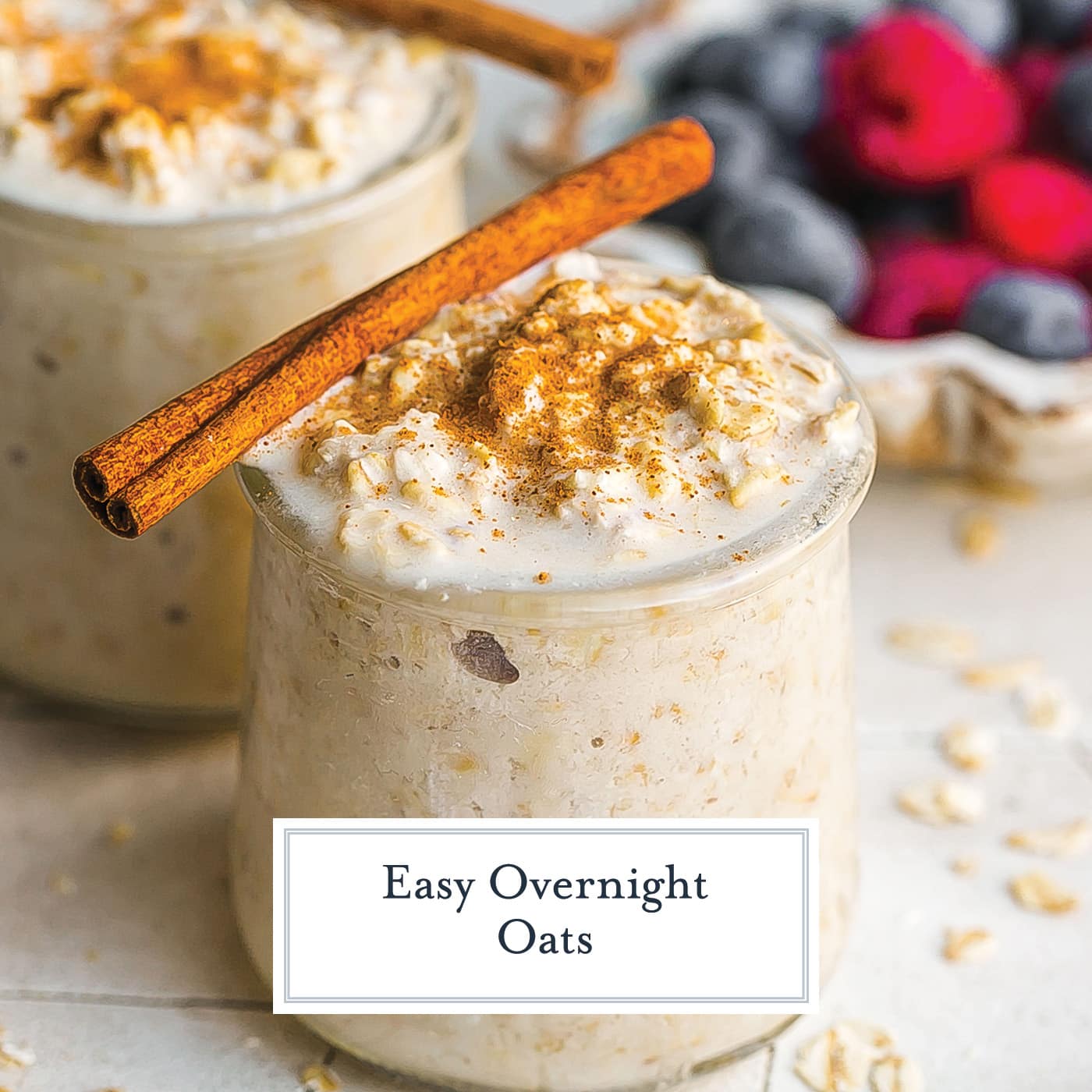 jar of overnight oats with cinnamon with text overlay for facebook