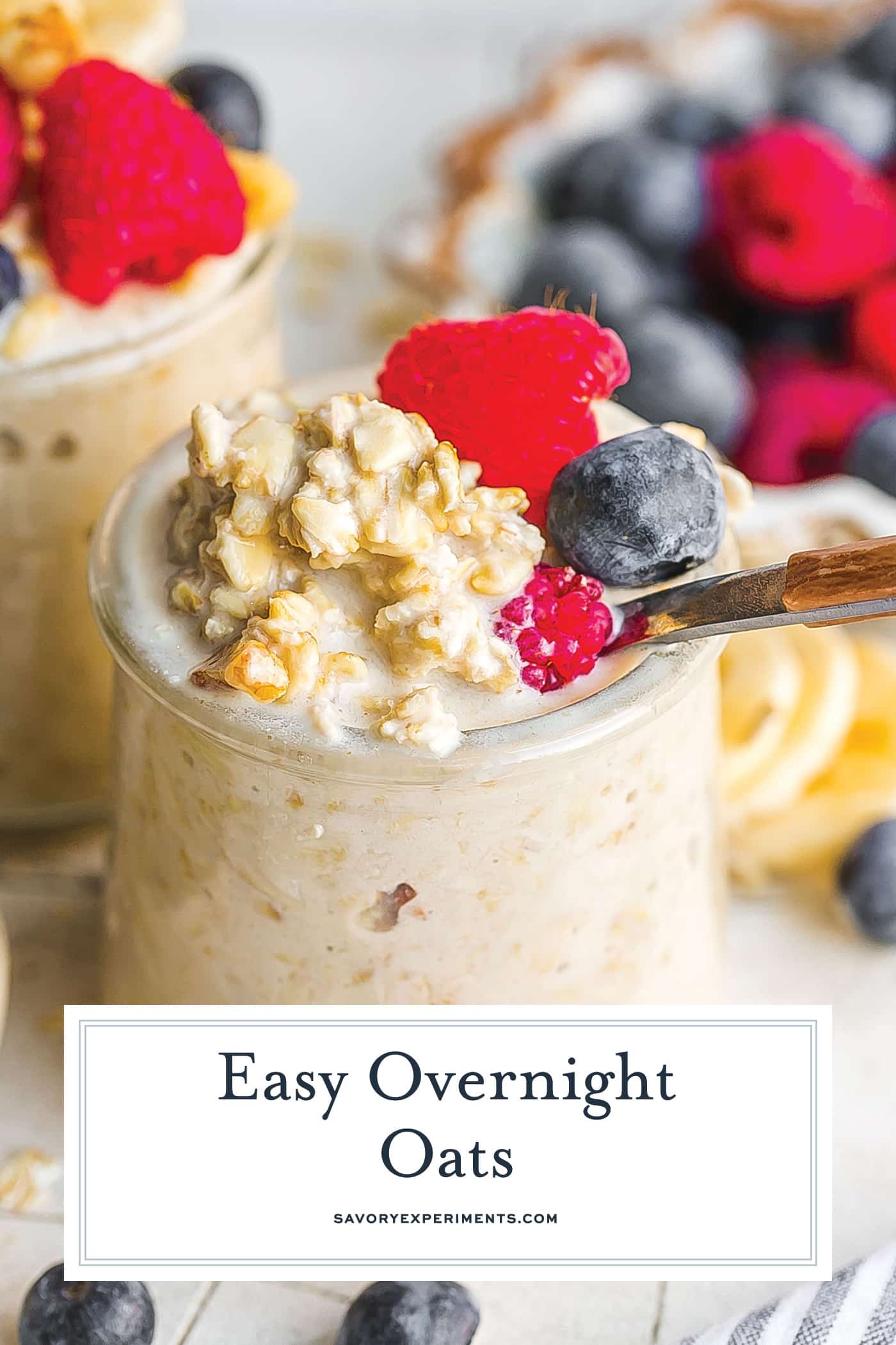 spoon in jar of overnight oats with text overlay for pinterest
