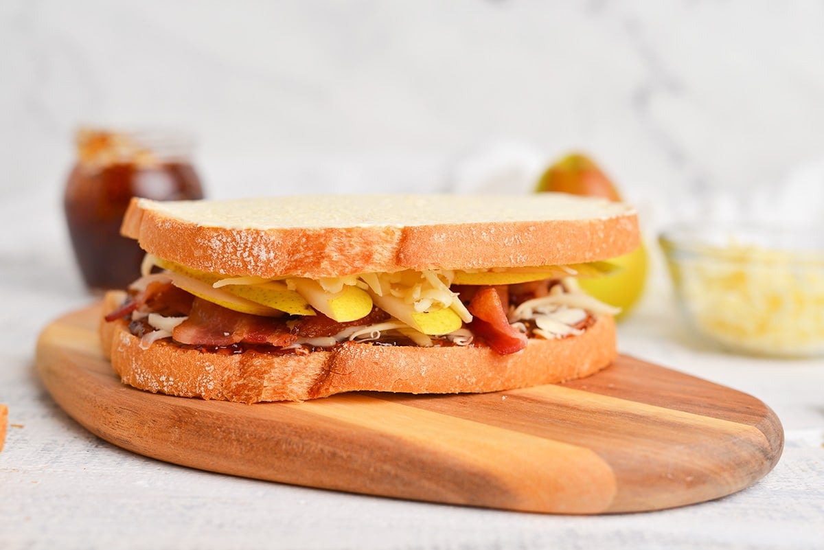 side view making a grilled cheese sandwich