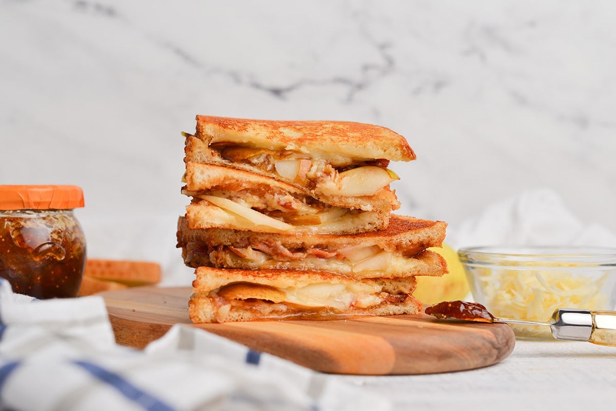 stacked cut gourmet grilled cheese sandwiches