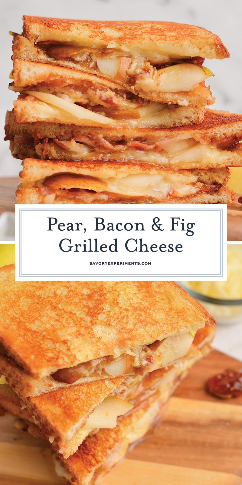 collage of pear, bacon and fig grilled cheese
