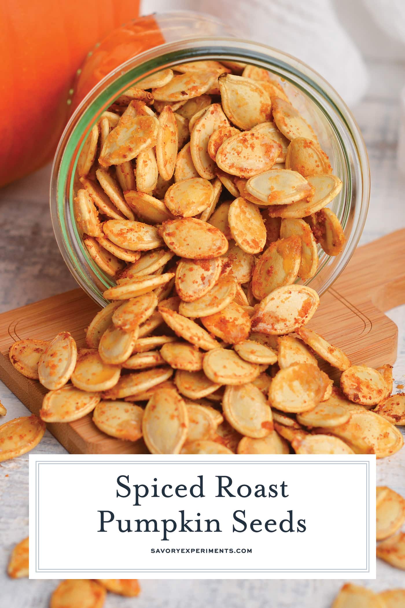 spiced roasted pumpkin seeds with text overlay