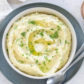 overhead shot of slow cooker dill mashed potatoes