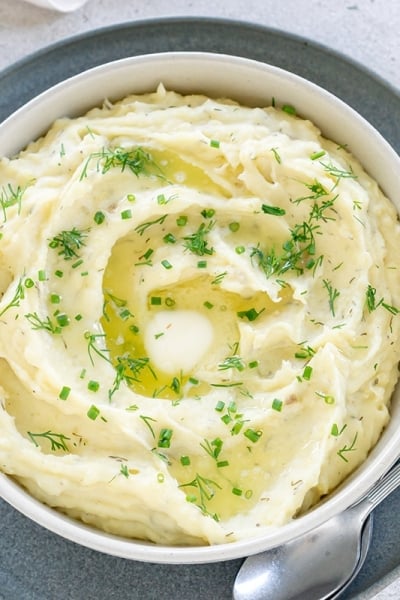 overhead shot of slow cooker dill mashed potatoes